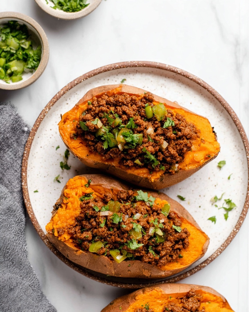 Two halves of a baked sweet potato sit on a round white speckled plate with a brown rim, placed on a white marbled surface. Each sweet potato half is cut open and filled with a rich, chunky layer of brown minced meat mixed with small pieces of green pepper and chopped onions. The orange flesh of the sweet potatoes looks soft and fluffy, forming the base layer, while the minced meat mixture sits on top, garnished with small green parsley leaves. Nearby are small bowls with chopped green herbs, and a gray cloth lies to the left of the plate. Photo taken with an iphone --ar 4:5 --v 7
