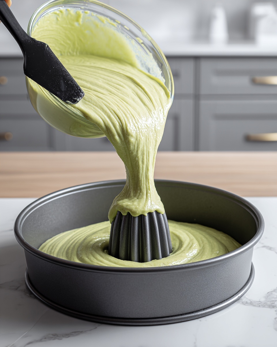 A thick light green batter is being poured from a clear glass bowl with a black spatula into a dark gray bundt cake pan, held over a white marbled surface. The batter inside the pan fills about half the height, showing a smooth texture with small air bubbles, and the pan sits centered in the image with soft kitchen drawers in the blurred background. Photo taken with an iphone --ar 4:5 --v 7