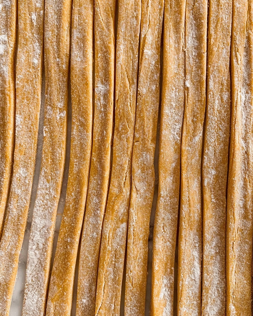 The image shows many long, thin strips of dough arranged side by side in neat rows. The dough has a light brown color with some white flour dusted lightly on top, giving it a slightly rough texture. The strips are evenly cut and placed closely next to each other on a white marbled surface. The dough appears smooth but with small cracks and a rustic look. Photo taken with an iphone --ar 4:5 --v 7