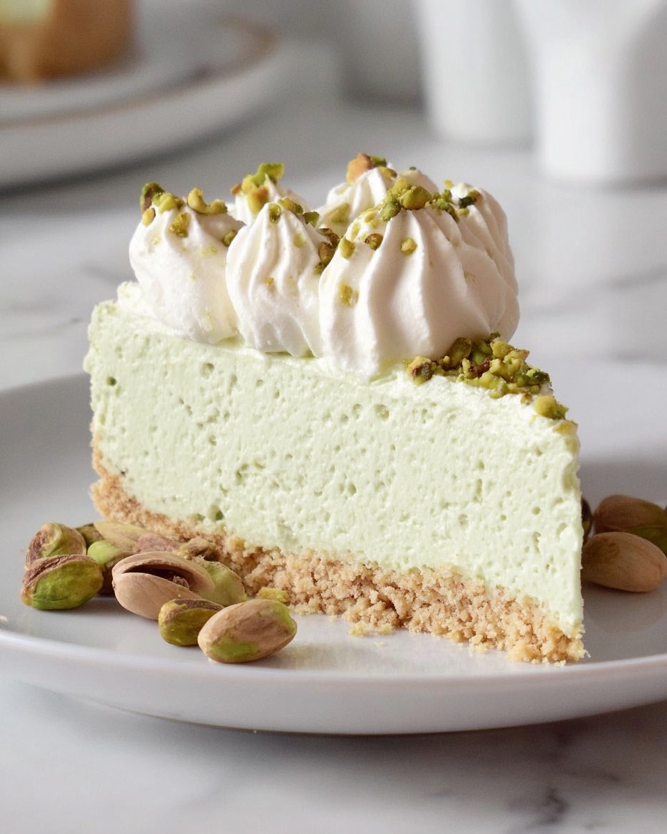 A slice of pale green creamy cake with a crumbly light brown base at the bottom, topped with white whipped cream piped in soft, rounded swirls, and sprinkled with chopped green pistachios scattered on top; the slice sits on a white plate with a few whole and shelled pistachios around it, all set on a white marbled surface. photo taken with an iphone --ar 4:5 --v 7