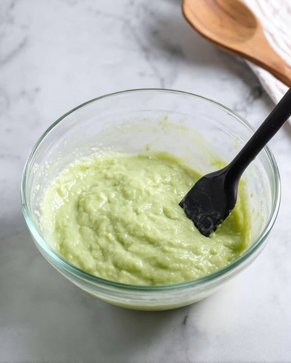 A clear glass bowl filled with a light green, creamy mixture with a slightly chunky texture, stirred by a black spatula resting inside the bowl; the bowl sits on a white marbled surface with a wooden spoon blurred in the background. photo taken with an iphone --ar 4:5 --v 7