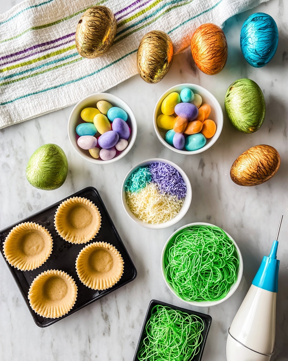 The image shows a flat lay of Easter-themed baking ingredients on a white marbled surface. There are six empty light brown cookie cups arranged in two rows on a small black rectangular plate at the bottom left. At the bottom right, a small black rectangular plate holds a pile of thin, bright green licorice strings neatly coiled. Above these plates, three small white bowls contain different toppings: colorful pastel mini candy eggs in lavender, yellow, green, and blue; bright turquoise, yellow, purple, and blue candy eggs; and shredded coconut dyed green. A white piping bag with a blue nozzle rests on the right side. Around the setup, shiny decorative Easter eggs in green, gold, orange, and textured patterns are scattered near a white cloth with colorful diagonal stripes along the top left. photo taken with an iphone --ar 4:5 --v 7