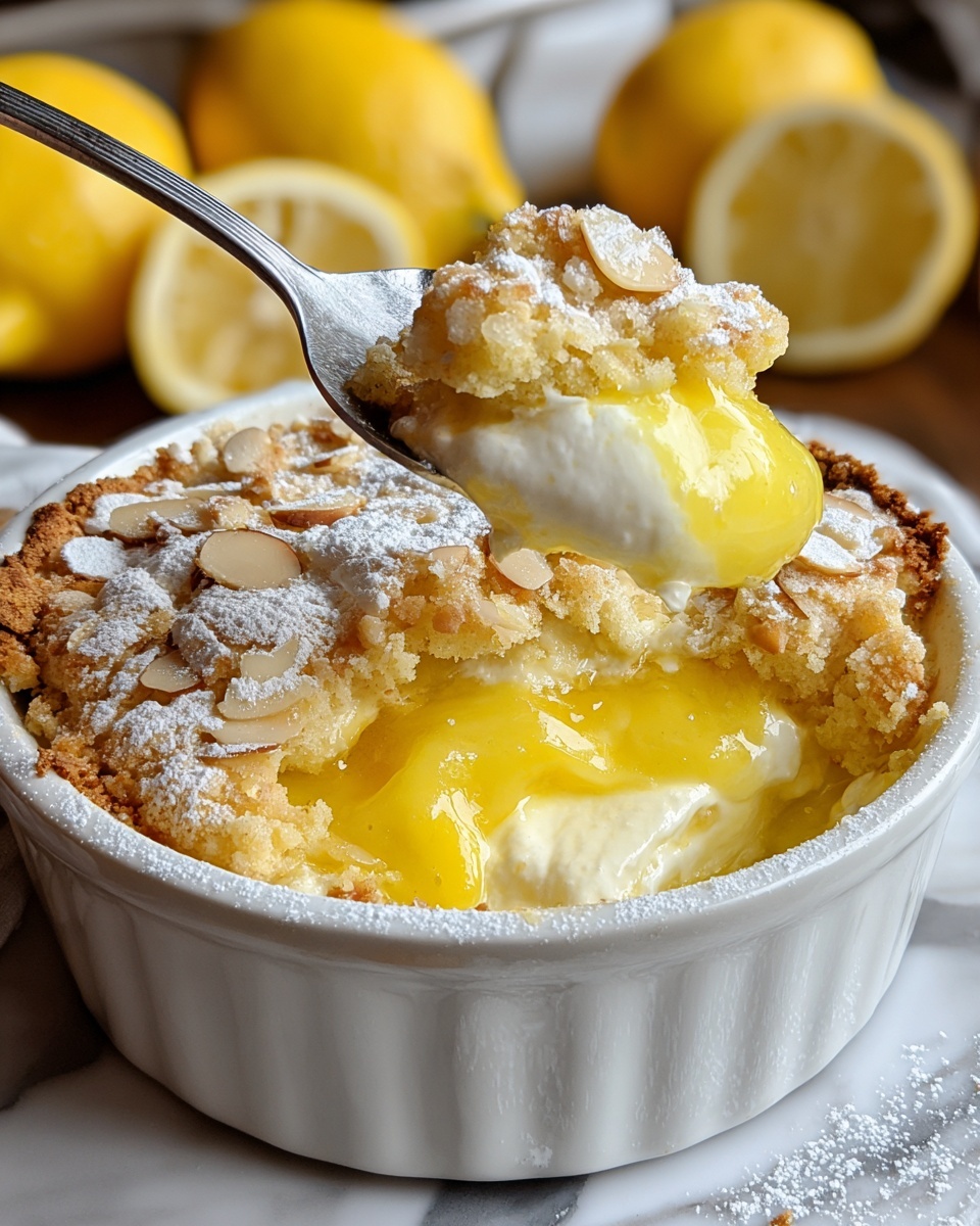 A white round ceramic dish holds a lemon dessert with three visible layers: the top layer is a crumbly golden crust with small almond slices scattered, slightly dusted with powdered sugar; the middle layer is a thick, bright yellow lemon filling that looks smooth and glossy; the bottom layer appears creamy white, soft, and thick like whipped cream or custard. A silver spoon scoops into the dessert, lifting some yellow lemon filling and white cream, with chunks of crust around the edges. In the background, there are whole and sliced lemons on a white marbled surface. The photo was taken with an iphone --ar 4:5 --v 7