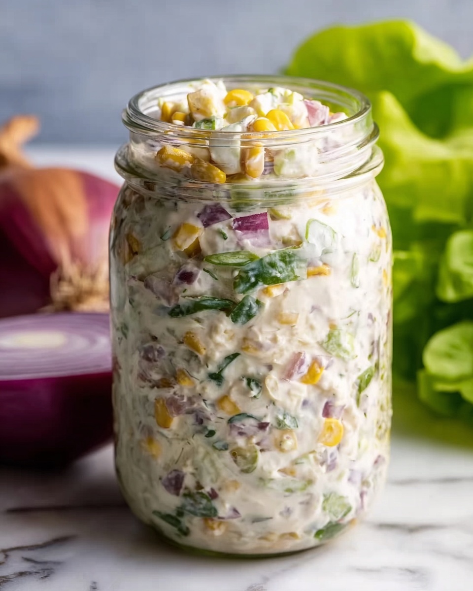 The image shows a clear glass jar filled with a creamy salad that has visible pieces of yellow corn, chopped red onion, green herbs, and white dressing mixed together. The jar is placed on a white marbled surface with a half red onion in the background on the left side and a green leafy lettuce on the right. The salad inside the jar has a chunky texture and a mix of light and bright colors with the herbs adding small green dots throughout. Photo taken with an iphone --ar 4:5 --v 7