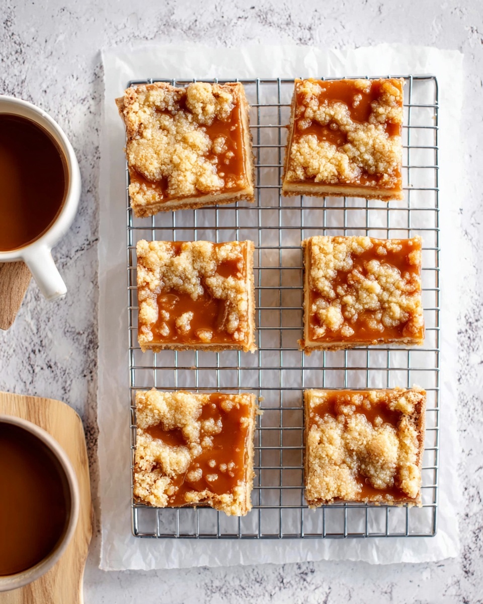 The image shows six square pieces of dessert placed on a cooling rack over white parchment paper on a white marbled surface. Each piece has two visible layers: a golden-brown base layer with a smooth texture and a crumbly, light beige topping layer with uneven patches of gooey, caramel-colored filling peeking through. The pieces are evenly spaced, and part of a white round bowl with caramel sauce is visible on the left side of the image. Photo taken with an iphone --ar 4:5 --v 7