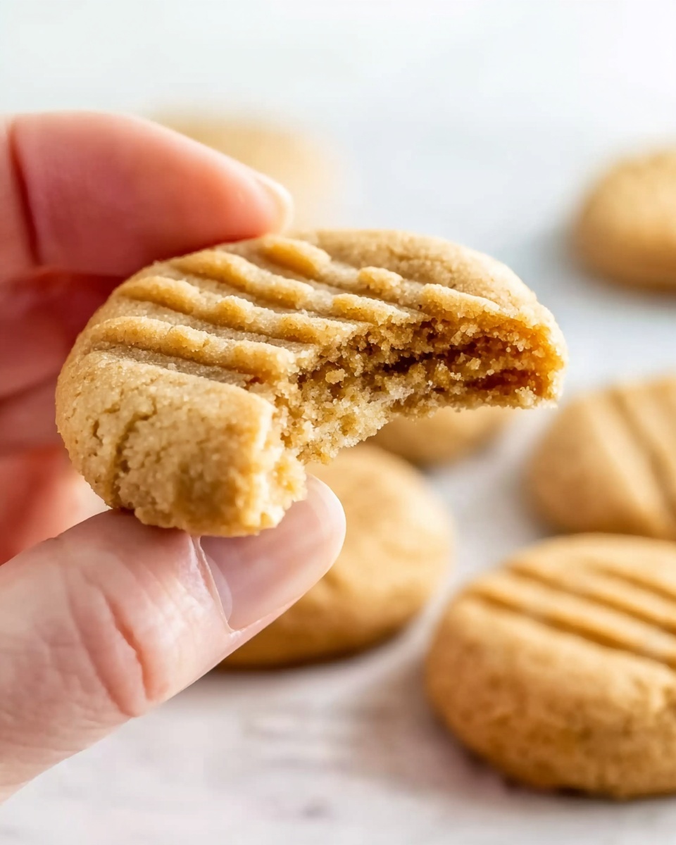 A close-up image shows a woman's hand holding a small round cookie with a bite taken out of it, revealing a soft and crumbly light brown inside. The cookie has a crisscross fork pattern on top and a slightly rough texture along the edges. In the blurred white background with a marbled texture, several other similar cookies lie flat. The colors are mostly light brown and beige. Photo taken with an iphone --ar 4:5 --v 7
