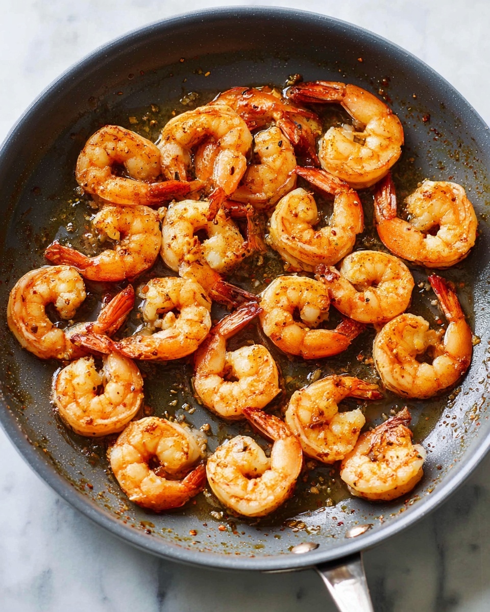 A gray pan filled with about twenty cooked shrimp arranged in a mostly single layer, each shrimp curled into a “C” shape with a pink-orange color and light char marks, showing a shiny, slightly oily texture. The shrimp have visible tails with a reddish tint, and there are small bits of seasoning spread around the pan's surface. The pan sits on a white marbled surface. photo taken with an iphone --ar 4:5 --v 7