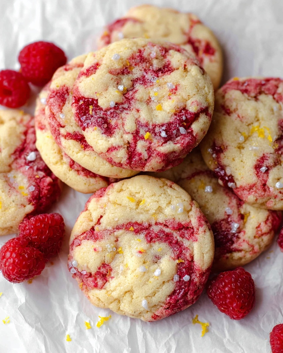 A close-up view of stacked round cookies with a light golden base mixed with swirled red raspberry streaks throughout. The cookies have a soft, slightly cracked texture and are topped with small clusters of white sugar crystals and tiny bits of yellow lemon zest. Scattered fresh whole raspberries add a bright red contrast on and around the cookies. The cookies rest on crinkled white parchment paper over a white marbled surface, creating a clean and fresh look. photo taken with an iphone --ar 4:5 --v 7