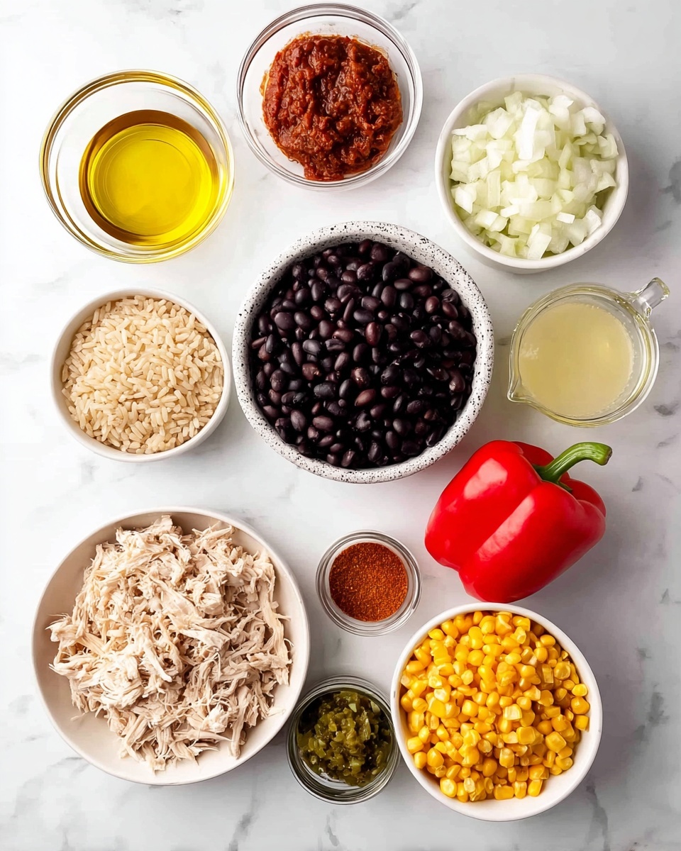 The image shows ten white bowls and a measuring cup arranged on a white marbled surface. The largest bowl, placed near the bottom right, contains shredded light-colored chicken. Next to it on the left is a bowl filled with cooked brown rice. Above the rice is a small clear glass bowl holding a reddish paste. Above that to the left is a small clear glass bowl filled with golden oil. In the center near the top is a speckled white bowl full of black beans. To the right of the beans is a bowl with yellow corn kernels, and above that is a white bowl with chopped white onions. Near the top center is a small jar of green salsa or chopped green chili. To the far right near the top is a whole red bell pepper. A measuring cup with light yellow liquid sits to the right of the chicken. Near the center of the image, below the beans and corn, there is a small bowl of reddish brown spice. The overall arrangement is neat and ingredients are clearly visible photo taken with an iphone --ar 4:5 --v 7