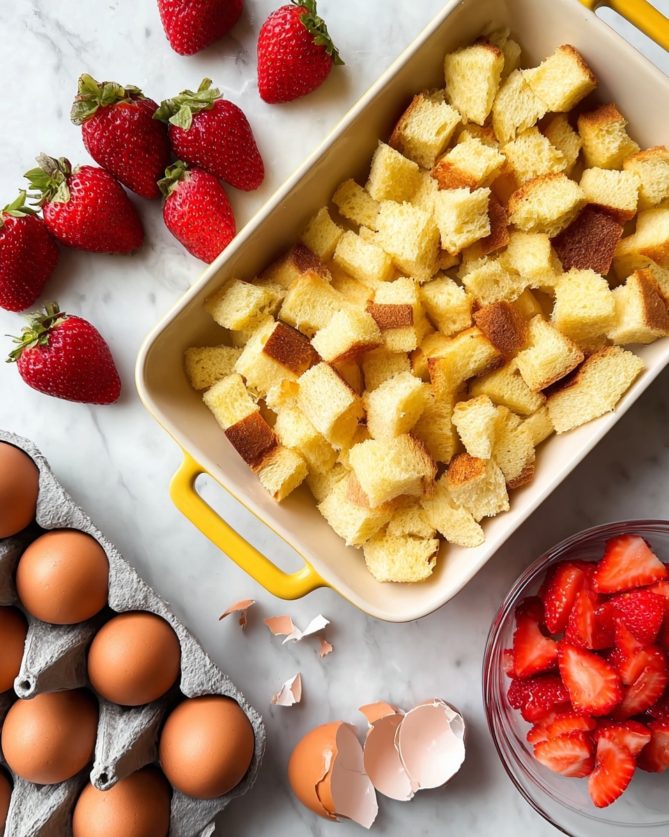 The image shows a white rectangular pan with yellow handles filled with many small cubes of light yellow bread with golden brown edges, scattered evenly across the pan. To the left side of the pan, there are six red strawberries with green tops placed directly on a white marbled surface. Below the pan, there is a gray egg carton holding five brown eggs, and two cracked eggshells are lying nearby on the white marbled surface. On the lower right side, there is a clear glass bowl filled with bright red strawberry slices. Photo taken with an iphone --ar 4:5 --v 7