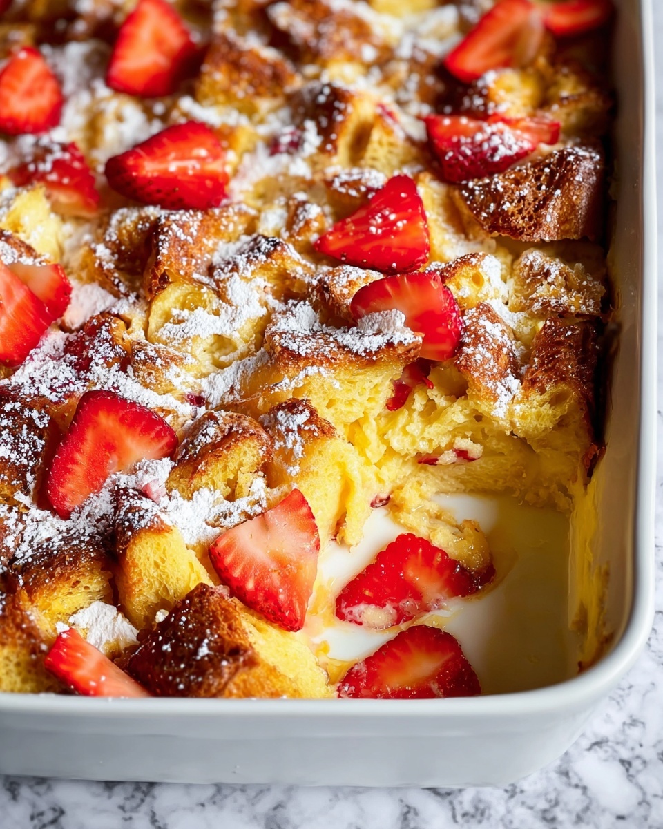 A large white rectangular baking dish filled with a layered bread pudding that has a golden brown and slightly crispy top layer made of bread pieces. The bread is soft and yellowish inside with a slightly toasted crust. On top, there are sliced fresh strawberries scattered around, bright red and juicy, adding bursts of color. The pudding is sprinkled lightly with white powdered sugar, giving a delicate dusted effect. The background is a white marbled texture. Photo taken with an iphone --ar 4:5 --v 7