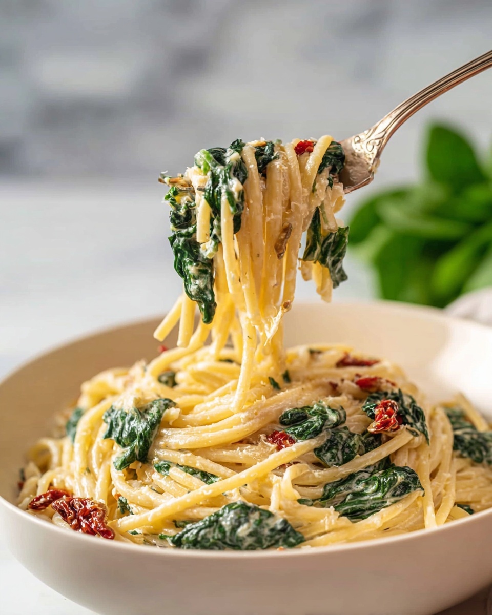 A white bowl filled with spaghetti pasta coated in a creamy light yellow sauce, mixed with dark green wilted spinach leaves and small pieces of reddish sun-dried tomatoes. A silver fork is lifting a twirl of spaghetti with spinach and sun-dried tomato from the bowl, showing the smooth texture of the sauce and the soft pasta strands. The background is a soft white marbled texture with a blurred green leaf seen behind the bowl. photo taken with an iphone --ar 4:5 --v 7