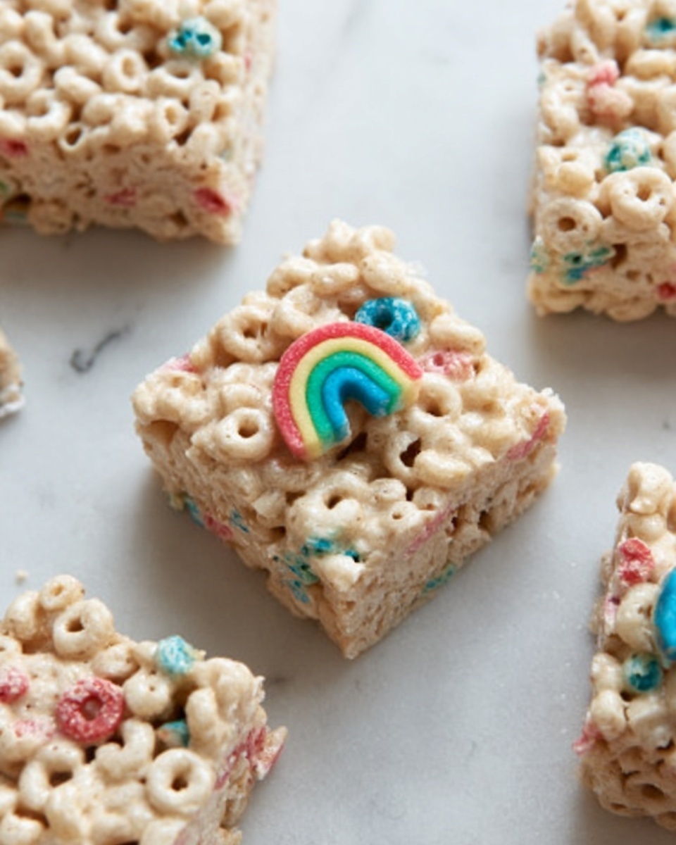 A close-up image shows a single round cereal treat made from cluster-shaped pieces coated in a light beige, glossy marshmallow-like binder. Scattered through the cereal are bright, colorful loops in blue, pink, yellow, and green adding pops of vibrant color. The treat has a bite taken from the front, exposing the inner texture with the cereal pieces bound together but still visible. The treat sits on a white marbled surface with blurred, out-of-focus cereal pieces and more treats in the background, creating a soft and light atmosphere. Photo taken with an iphone --ar 4:5 --v 7