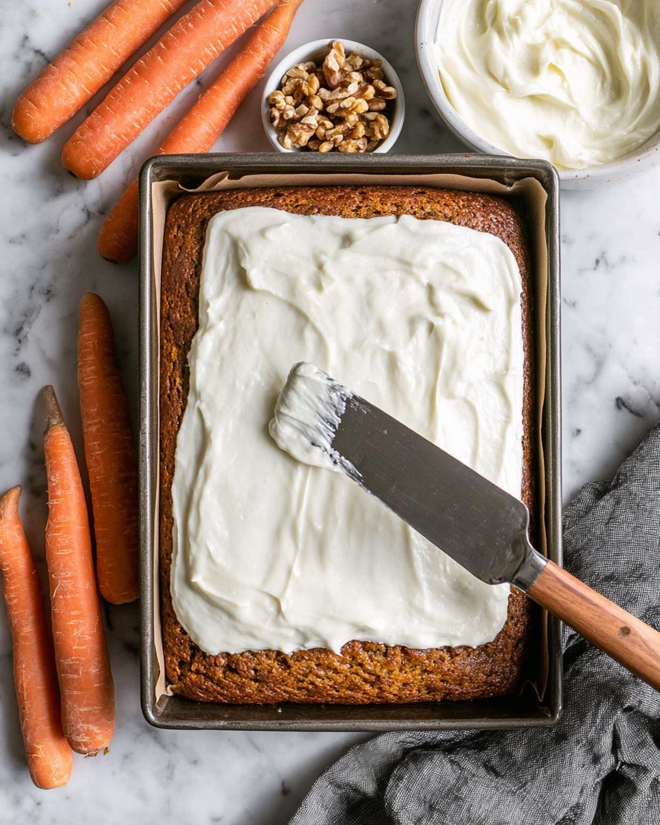 The image shows a rectangular carrot cake in a baking pan lined with parchment paper, with 1 layer of golden brown cake that has a slightly rough texture. A smooth, thick layer of white frosting is being spread on top of the cake using a metal spatula with a wooden handle. Around the pan, there is a small white bowl of chopped walnuts, three fresh whole carrots, and a white bowl filled with the same white frosting. The background is a white marbled surface, and a gray cloth is partially visible on the right side. Photo taken with an iphone --ar 4:5 --v 7