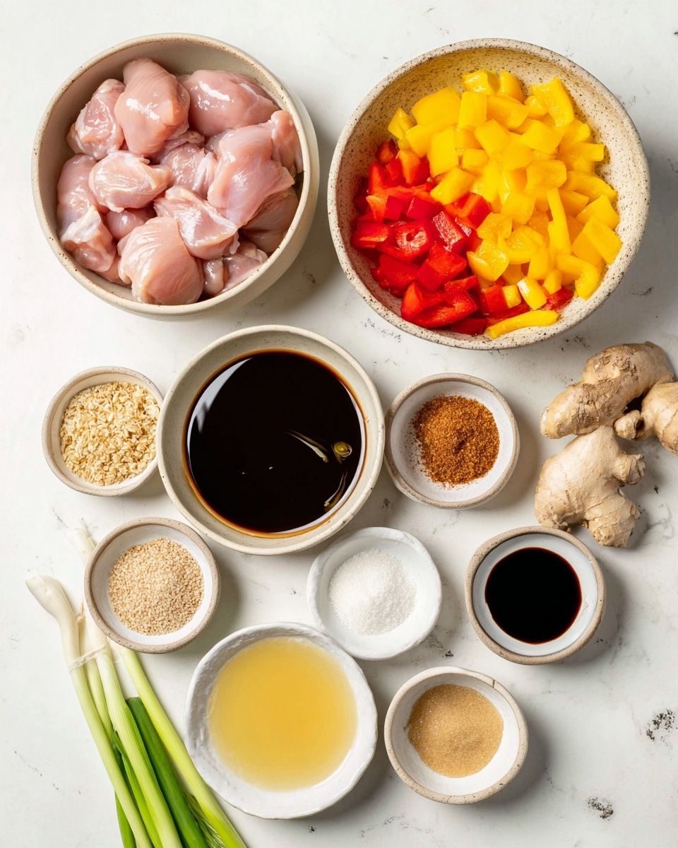 The image shows several small white bowls and two beige bowls placed on a flat white marbled surface. The bottom left beige bowl is full of raw pink chicken pieces with smooth texture. Above this, a large beige bowl contains two layers of chopped bell peppers—bright yellow on top and red below with crisp texture. Around these, white bowls hold different ingredients: a thick dark brown sauce with swirls, a golden yellow liquid, white granulated sesame seeds, soy sauce with a black glossy surface, brown sugar with a crumbly texture, a light beige liquid, and minced pale yellow ginger. There are fresh whole ginger roots and three green onions on the right side. The scene is bright and clean with an overhead view, photo taken with an iphone --ar 4:5 --v 7