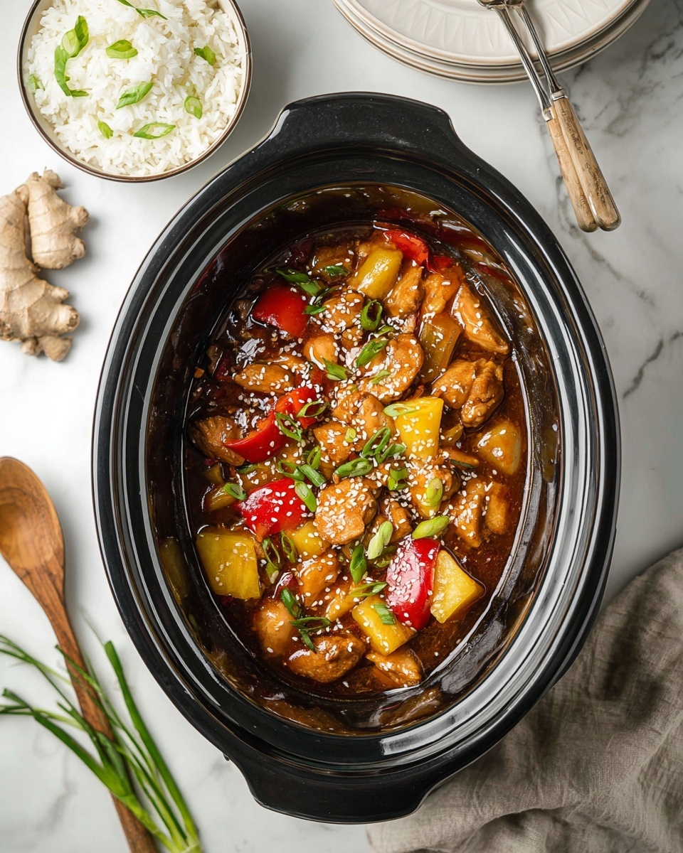 Inside a black slow cooker, there is one layer of sweet and sour chicken with sauce, showing small chunks of light brown cooked chicken, yellow pineapple pieces, and bright red bell pepper pieces all mixed together in a glossy brown sauce. The chicken mix is topped with white sesame seeds and thin slices of green onion scattered on top. Around the slow cooker, there is a small bowl of white rice garnished with green onion pieces, a stack of white plates with silver forks on them, a cream spoon with a wooden handle to the top right, and some fresh ginger and green onions near the upper left corner. The whole scene is placed on a white marbled surface. photo taken with an iphone --ar 4:5 --v 7