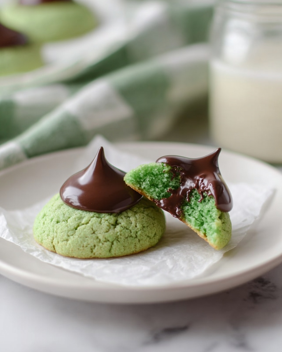 Two green soft cookies sit on white parchment paper on a white plate with a white marbled surface beneath. Each cookie is round and thick, with a dollop of smooth, dark brown chocolate on top. One cookie is whole, showing the shiny chocolate peak, while the other is bitten, revealing the soft, crumbly green inside with chocolate drizzling slightly down the side. Behind, there is a blurred white and green checked cloth and a glass jar. photo taken with an iphone --ar 4:5 --v 7