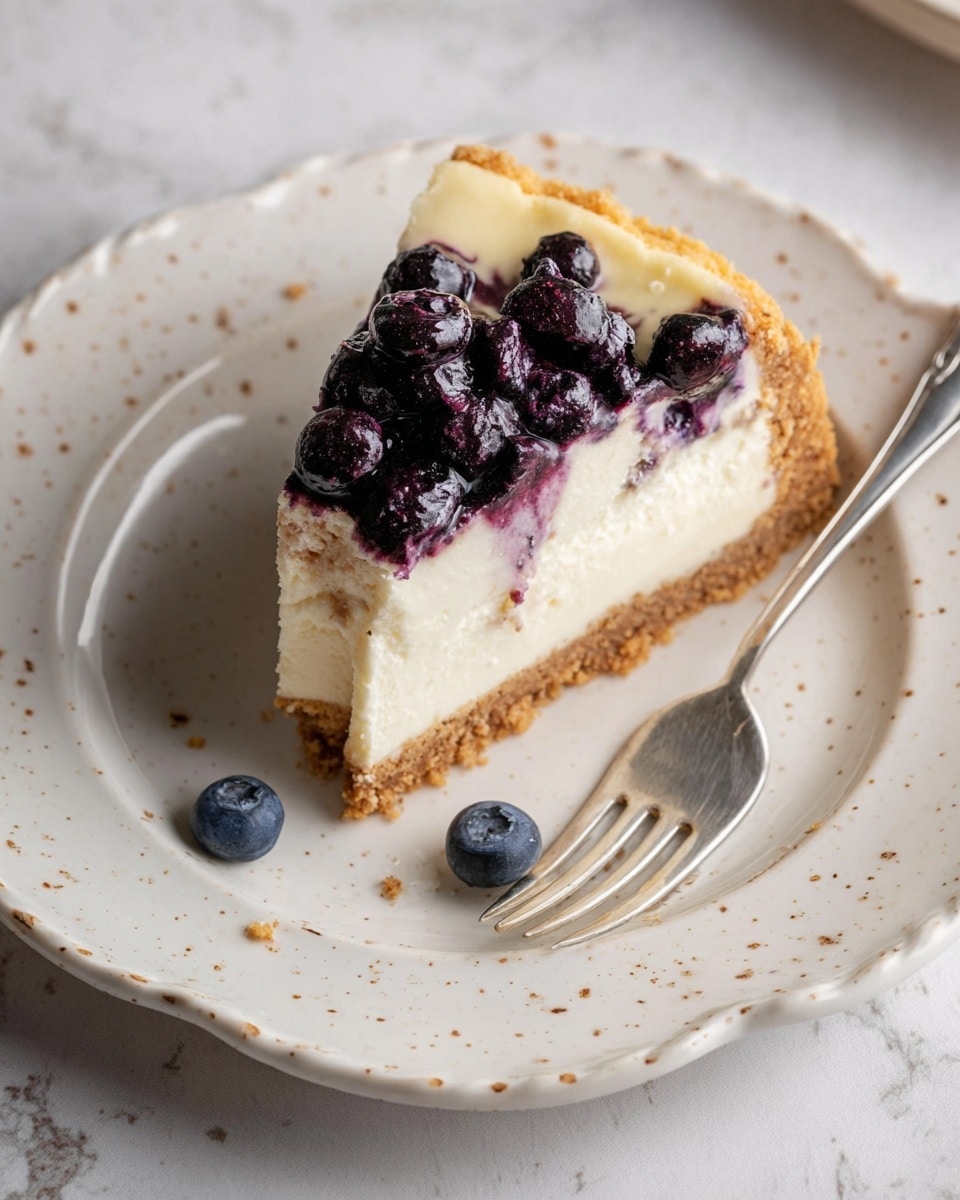 A single slice of cheesecake is placed on a white plate with a scalloped edge and small brown speckles. The cheesecake has three layers: a thick light brown crumbly crust at the bottom and sides, a large creamy white middle layer of smooth texture, and on top, scattered dark purple blueberries with some juice seeped into the cream. A silver fork rests on the plate next to the slice, and two blueberries sit on the white marbled surface beside the plate. Photo taken with an iphone --ar 4:5 --v 7