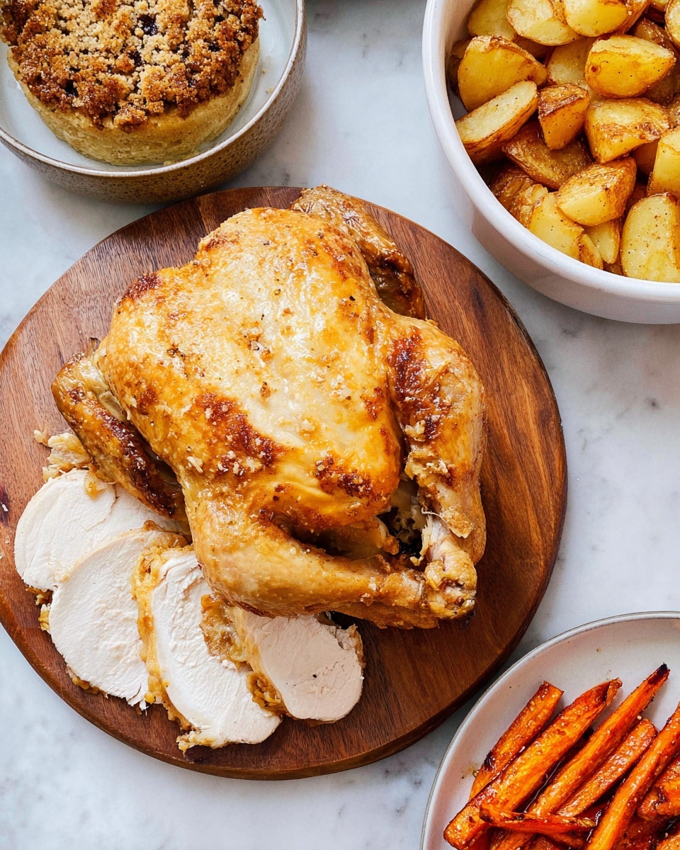 A whole roasted chicken is shown in the center on a round wooden board, with the chicken's golden brown skin glistening and large slices of white meat laying in front. Behind it, a white bowl holds crispy golden roasted potato pieces, showing rough textured edges. To the left, there is another white bowl filled with a round, browned stuffing cake that has a slightly coarse surface. On the bottom right edge, a white plate with charred orange carrot sticks is partially visible. All dishes are placed on a white marbled surface with a dark cloth partially under the wooden board. Photo taken with an iphone --ar 4:5 --v 7