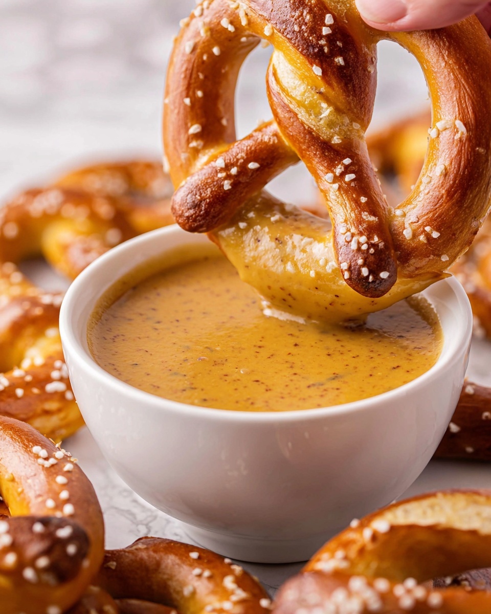 Two golden brown pretzels with coarse salt on top are being dipped by a woman's hand into a white bowl filled with grainy, mustard-colored dipping sauce. The surface of the sauce has visible spices and seeds, creating textured specks. Around the bowl, more pretzels rest on a white marbled background, where the soft shine on their surface shows their fresh, smooth texture. The photo focuses on the pretzels close to the sauce, capturing the moment a drop of sauce falls back into the bowl. Photo taken with an iphone --ar 4:5 --v 7