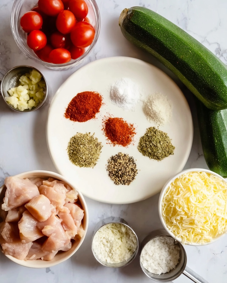 A white plate in the center holds six different spices arranged in small piles: red paprika, white salt, black pepper, red chili flakes, green Italian seasoning, and dried oregano. Around the plate are fresh ingredients including two large green zucchinis on the right, a clear container of small red grape tomatoes at the top left, a small metal cup with minced garlic at the bottom left, a white measuring cup filled with shredded yellow cheese at the right, and another white measuring cup with a powdery white ingredient below the cheese cup. In the bottom left corner, a white bowl contains chunks of raw chicken. All items are placed on a white marbled surface. photo taken with an iphone --ar 4:5 --v 7