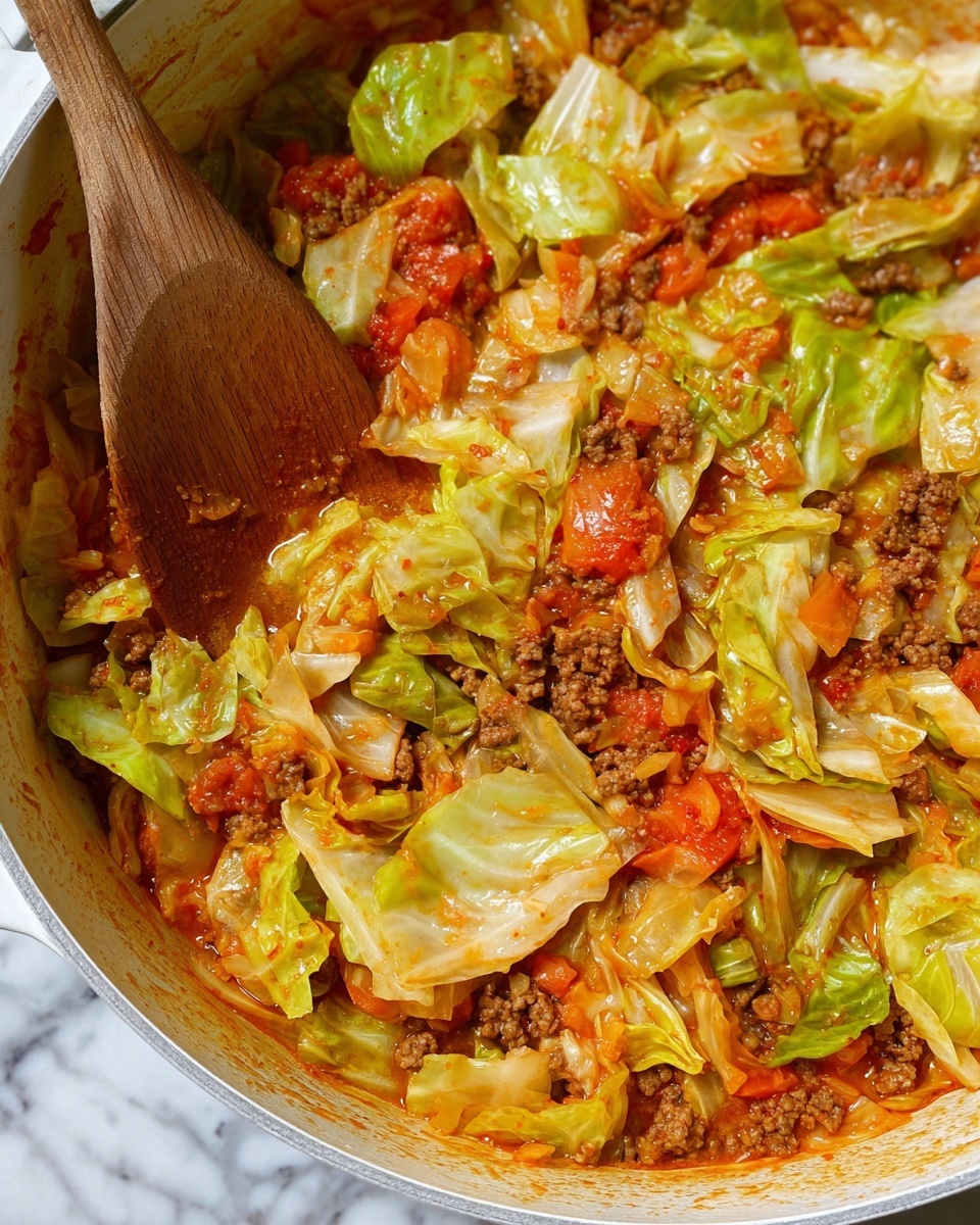The image shows a close-up of a cooked dish in a white pot with a wooden spoon stirring it. The dish has three main layers: large, soft, light green and pale yellow cabbage pieces with some orange sauce on them, small bits of orange-red cooked tomatoes, and small brown ground meat pieces mixed evenly throughout. The cabbage pieces have a shiny, slightly wet texture, and the sauce gives the whole dish a warm, orange-red color. The wooden spoon has a smooth texture and is placed diagonally, partially covered by the food. The background is a white marbled surface. photo taken with an iphone --ar 4:5 --v 7