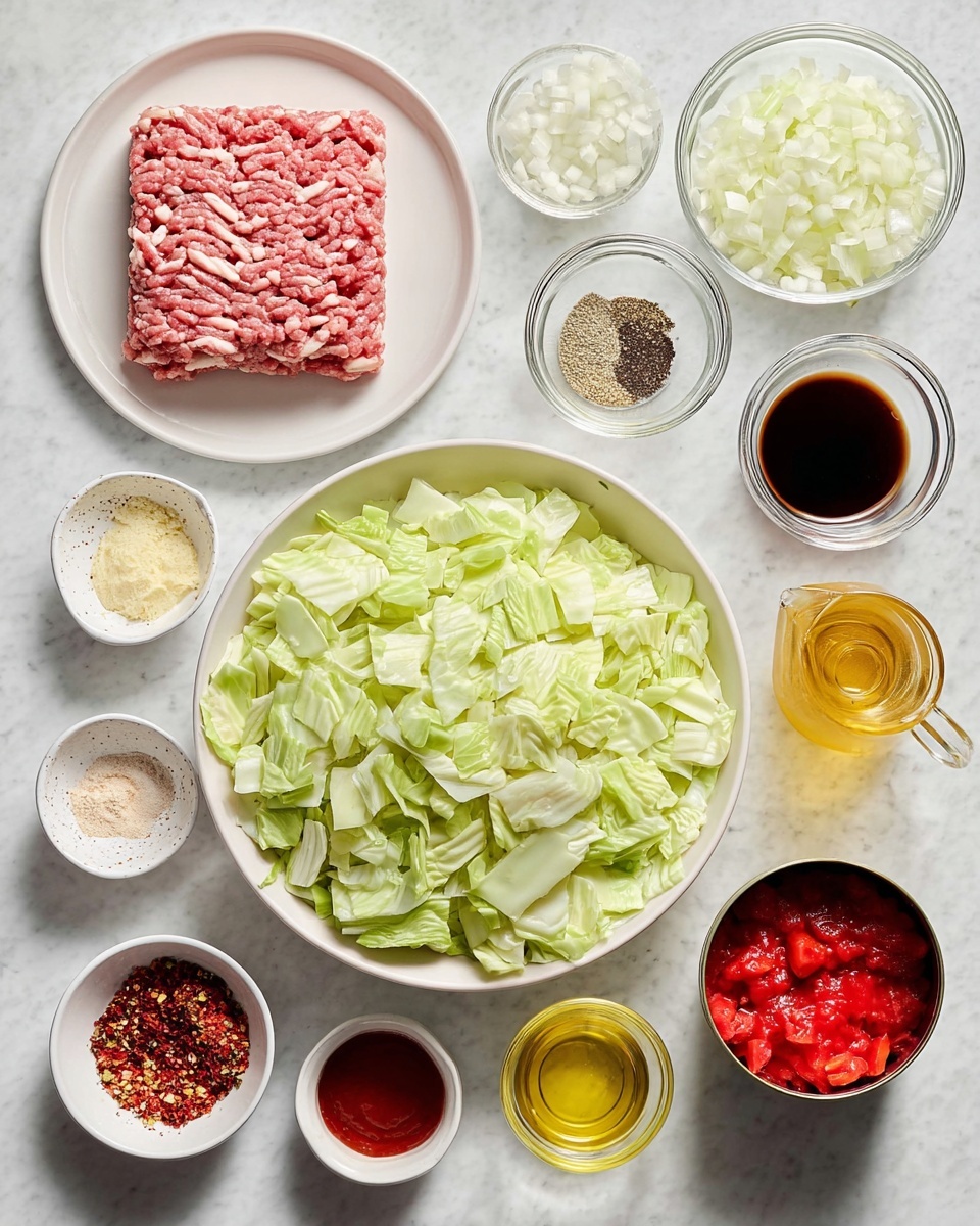 The image shows seven small clear glass bowls arranged on a white marbled surface. The largest bowl in the top left holds chopped light green cabbage pieces with a soft texture. Next to it on the right is another large bowl filled with raw ground meat in a pinkish-red color with a coarse texture. Below these, there is a medium bowl of bright red tomato sauce with a smooth, thick texture, and to its right is a bowl of diced red tomatoes in juice, showing shiny, chunky pieces. In the center, there is a small bowl of dried green herbs with a fine texture. At the bottom left and near the middle right are two very small bowls, one containing small, pale yellow minced garlic pieces, and the other holding tiny white chopped onions. Photo taken with an iphone --ar 4:5 --v 7