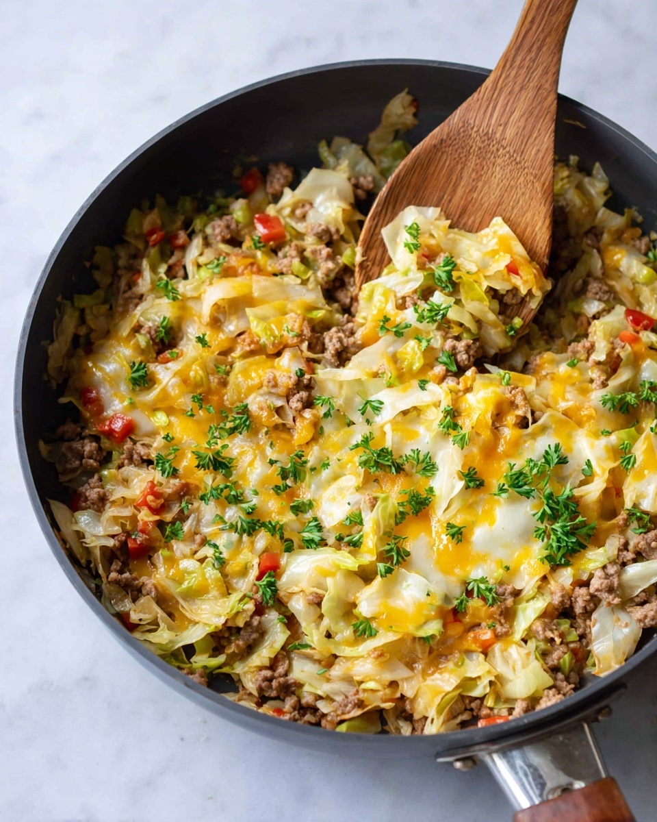 A dark gray frying pan filled with a dish that has two main layers. The bottom layer shows cooked browned ground meat mixed with soft, light green cabbage and small pieces of red and yellow bell peppers. The top layer is melted shredded cheese in yellow and white colors, spread unevenly with some parsley leaves sprinkled across for a fresh green contrast. A wooden spoon lifted part of the food, showing the mixed layers clearly inside the pan. The pan is set on a white marbled surface. Photo taken with an iphone --ar 4:5 --v 7