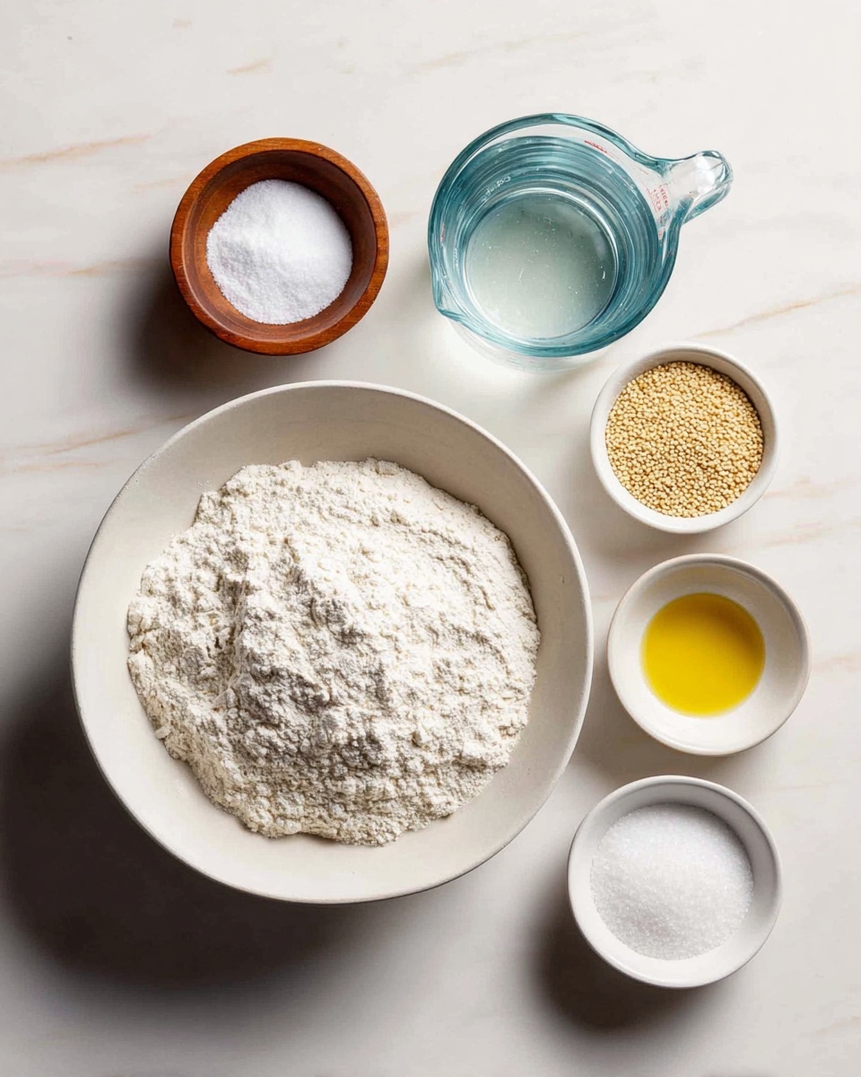 A white marbled surface holds six items arranged neatly: a large white bowl filled with a mound of fine white flour sits in the center, to its right a clear glass measuring cup with water, and a small white bowl containing light brown granules of yeast. To the left of the flour bowl are three small containers stacked vertically: the top one is a small wooden bowl with coarse white salt, below it a small clear glass bowl with golden yellow olive oil, and at the bottom a small white bowl full of fine white sugar. Each ingredient stands out clearly with simple textures and soft lighting, photo taken with an iphone --ar 4:5 --v 7