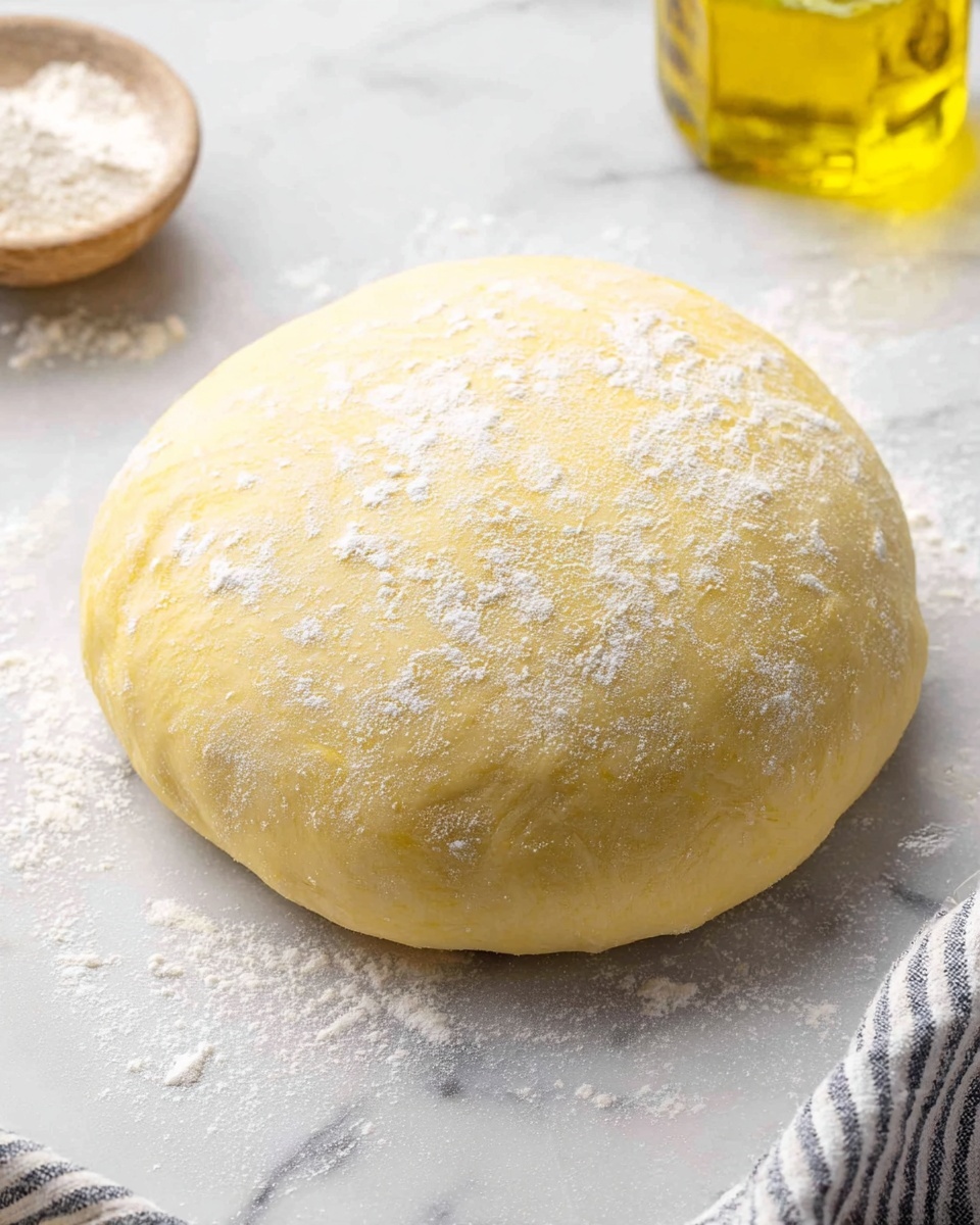 A round ball of smooth dough with a pale yellow color and some flour dusted lightly on top and around it, resting on a white marbled textured surface. The dough looks soft and slightly puffy, with no visible cracks and a slightly shiny, smooth texture. To the upper right, there is a glass bottle filled with yellow oil partly visible. In the lower right corner, a striped cloth is partially shown. The overall scene gives a clean and fresh feeling of dough ready to be used photo taken with an iphone --ar 4:5 --v 7