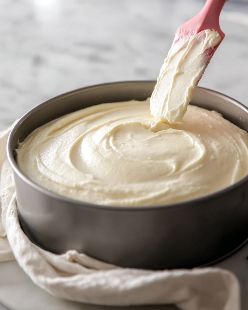 A close-up image shows a round metal baking pan on a white marbled surface holding a thick, creamy white batter being spread smoothly with a spatula that has a pink edge. The batter looks soft and fluffy, covering the pan in an even layer. A white cloth is partially visible under the pan, adding a homey touch. The spatula’s edge lifts some batter, showing the smooth texture clearly. The background is blurred and soft, focusing all attention on the creamy batter in the pan. photo taken with an iphone --ar 4:5 --v 7