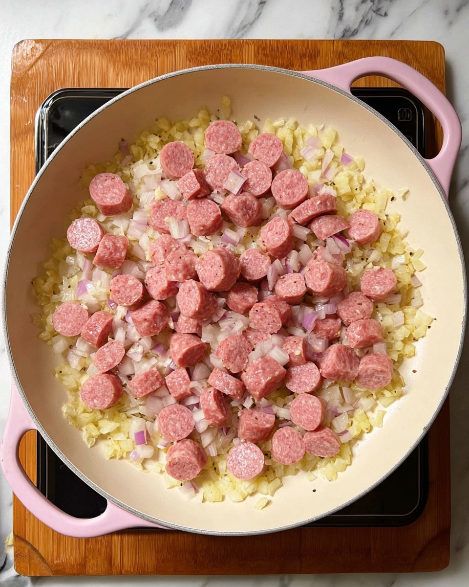 A close-up top view of a light pink frying pan with two handles, filled with evenly spread small pieces of chopped yellow and light purple onions at the bottom layer, topped with a second layer of round, pink sausage slices that cover most of the onions. The frying pan is sitting on a black stovetop on a wooden cutting board, with a white marbled surface visible around the pan edges. photo taken with an iphone --ar 4:5 --v 7