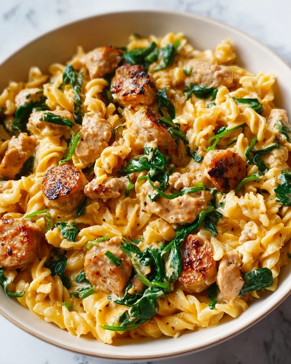 A white bowl filled with a creamy pasta dish showing three layers: a base of light yellow twisted pasta, scattered with browned round sausage slices and cooked small chicken pieces, and topped with bright green spinach leaves mixed throughout. The pasta looks rich and soft, coated evenly with a creamy sauce that has a warm orange tint. The sausage slices have a crispy outer texture, and the chicken pieces are tender and pale. The bowl rests on a white marbled surface, with soft natural light highlighting the dish’s inviting colors. photo taken with an iphone --ar 4:5 --v 7