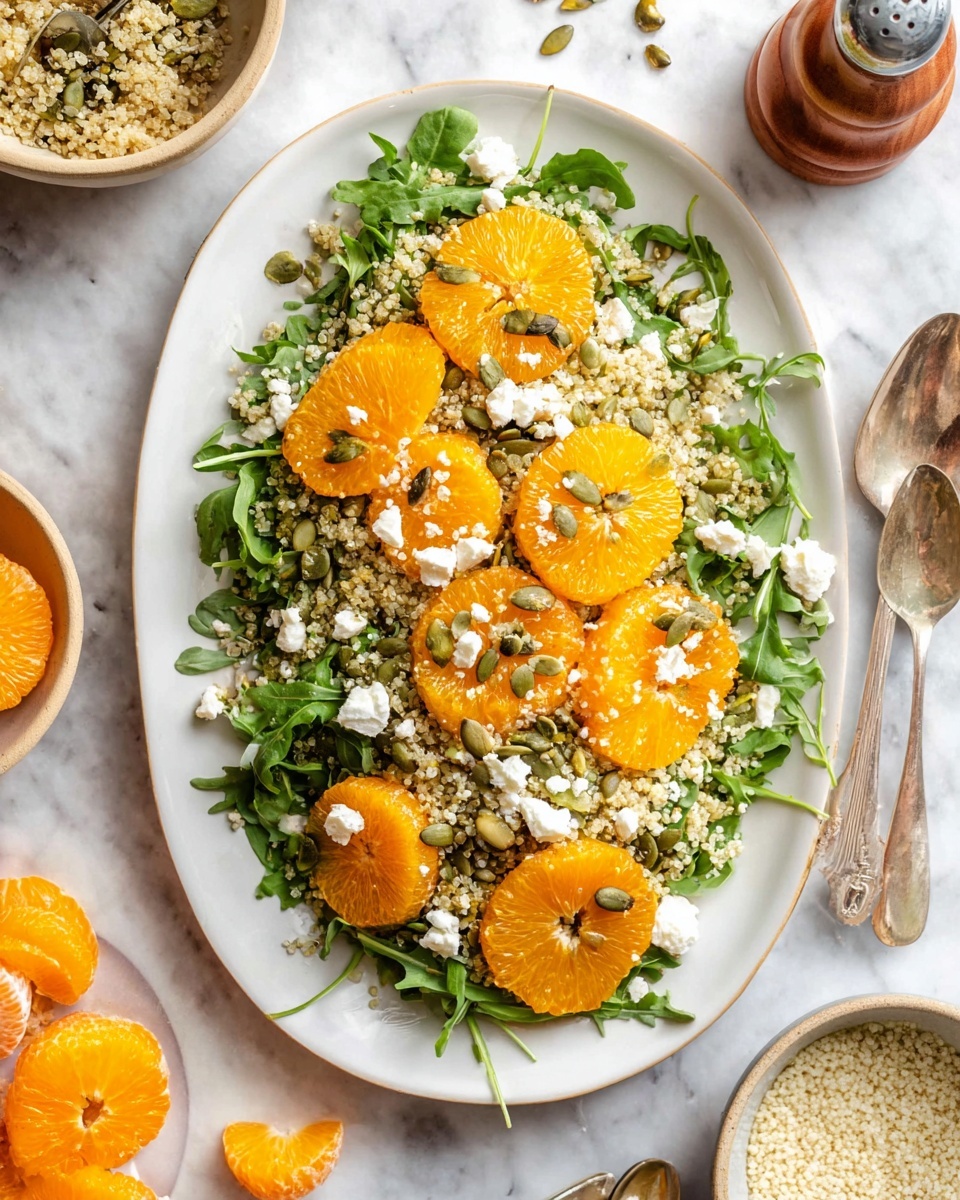 A white oval plate filled with a base layer of fresh green arugula leaves, topped with a middle layer of light beige cooked quinoa spread evenly. On top, bright orange round orange slices are arranged in clusters across the salad. Scattered over the orange slices and quinoa are small green pumpkin seeds and white crumbled cheese, adding texture and color contrast. The plate sits on a white marbled surface with some orange halves, a pepper shaker, and bowls of quinoa and cheese around it. Photo taken with an iphone --ar 4:5 --v 7