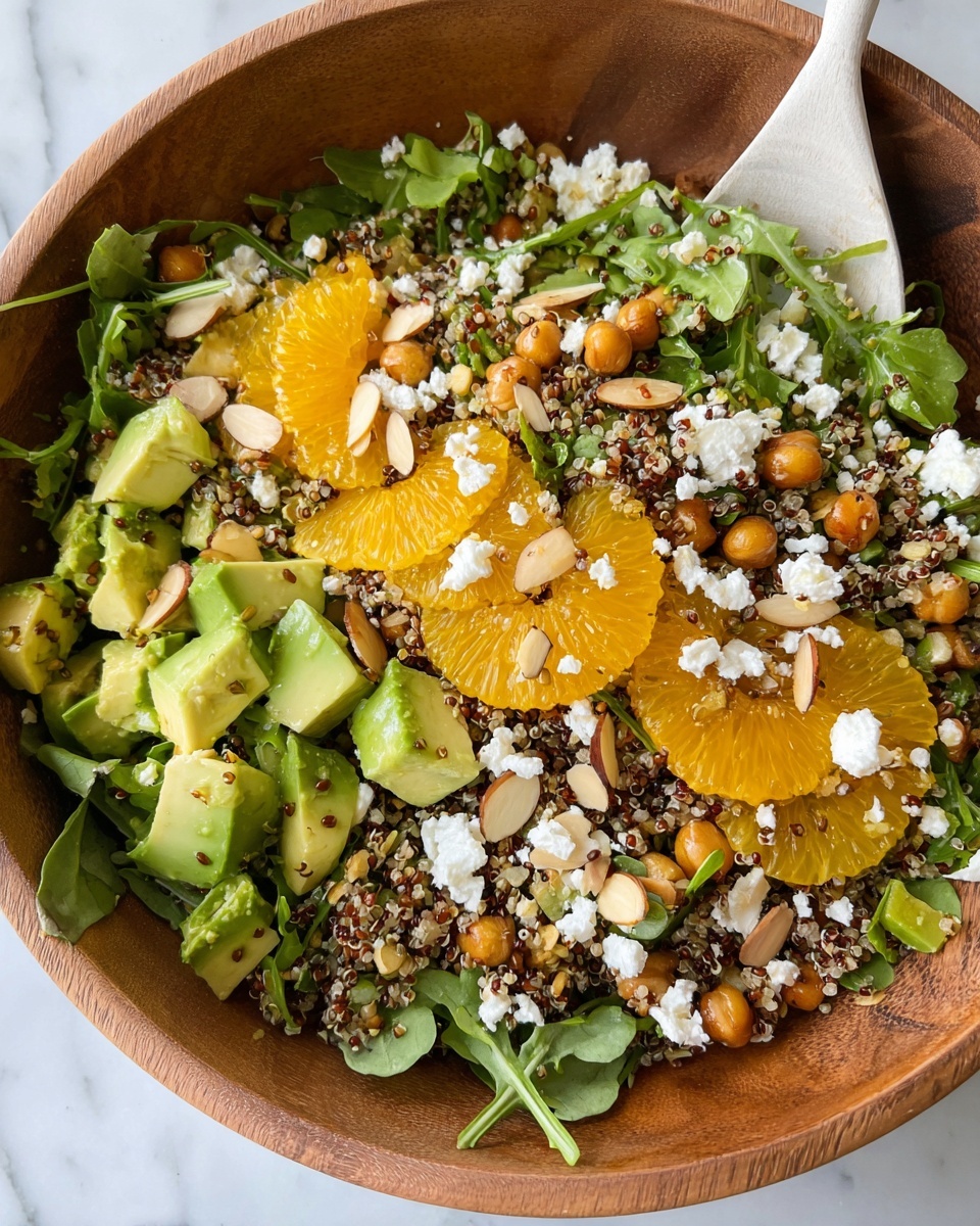 A close-up view of a mixed salad in a wooden bowl starting with a base layer of green leafy arugula, topped with bright orange slices placed evenly around. There are scattered pieces of light green avocado cubes and small beige chickpeas throughout the bowl. Mixed in are tiny, round grains of cooked quinoa with dark and light specks, adding texture across the salad. White crumbled cheese is dotted over the top, along with thin, light brown almond slices spread evenly. A pale spoon is placed inside the bowl, resting on the salad. The bowl sits on a white marbled surface. Photo taken with an iphone --ar 4:5 --v 7