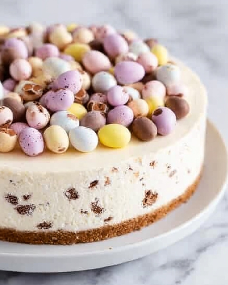 A creamy, white cheesecake with visible small chocolate bits inside sits on a round white plate. The base layer is a thick, golden brown crust, smooth and evenly pressed. The middle layer is thick and smooth, white with tiny chocolate specks, giving it a slightly textured look. On top, there is a large pile of small, round, pastel-colored candy eggs in shades of light purple, cream, yellow, white, and brown, some cracked open to show chocolate inside. The cheesecake is placed on a white marbled surface. photo taken with an iphone --ar 4:5 --v 7