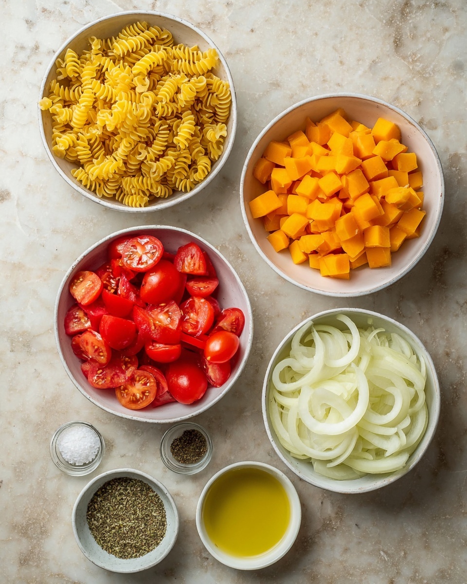 Five bowls lie on a white marbled surface. The top left bowl is white and filled with dry, yellow, ridged pasta spirals. To the top right, a white bowl holds bright orange diced frozen cubes. Below the pasta on the left, a white bowl contains quartered red cherry tomatoes with visible watermelon-like flesh. At the bottom right, another white bowl shows peeled, light yellow sliced onion rings. In the center, a small white bowl holds three separate piles of ground black pepper, dried green herbs, and coarse salt. To the right of the center bowl, a small white bowl holds pale yellow olive oil. Photo taken with an iphone --ar 4:5 --v 7