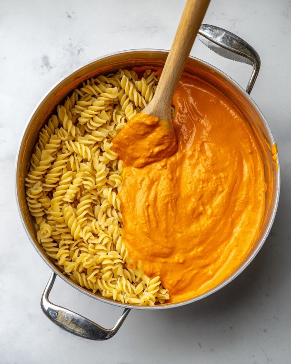 A pot filled with yellow spiral-shaped pasta forms the base layer, and on top of it, there is a thick layer of smooth, bright orange creamy sauce placed toward the right side. A wooden spoon is partially dipped in the pasta and sauce, with the handle sticking upward toward the top center of the image. The pot has shiny metal handles on both sides and is set on a white marbled surface. The colors and textures of the pasta and sauce contrast clearly, showing the creamy texture of the sauce against the firm pasta photo taken with an iphone --ar 4:5 --v 7