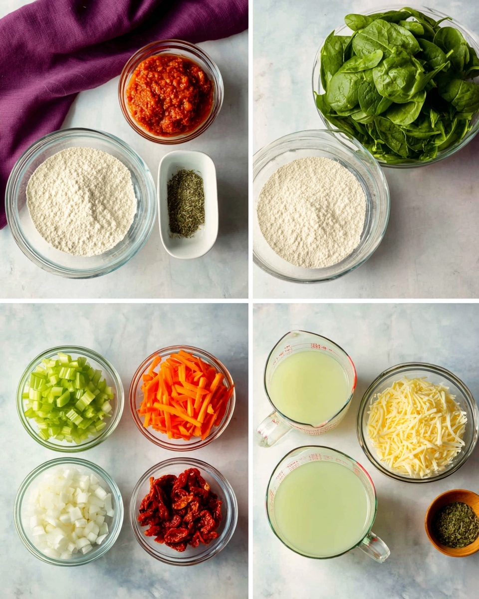 The image shows four separate frames each with ingredients placed on a white marbled surface and a purple cloth partially seen on the top left corner. The first frame contains three clear glass bowls: one with thick reddish paste on the left, a middle bowl filled with white powdery flour, and a small white bowl below with green dried herbs. The second frame has four small clear glass bowls arranged in two rows; top row holds chopped green celery on the left and thin orange carrot strips on the right, the bottom row has chopped white onions with a touch of minced garlic left and bright red sun-dried tomato pieces right. The third frame shows two clear measuring pitchers with light yellow-greenish liquids side by side on the marble. The last frame features a large clear bowl filled with fresh bright green spinach leaves at the back, a small bowl of shredded pale yellow cheese on the left front, and a medium clear bowl of light cream-colored liquid on the right front. Photo taken with an iphone --ar 4:5 --v 7