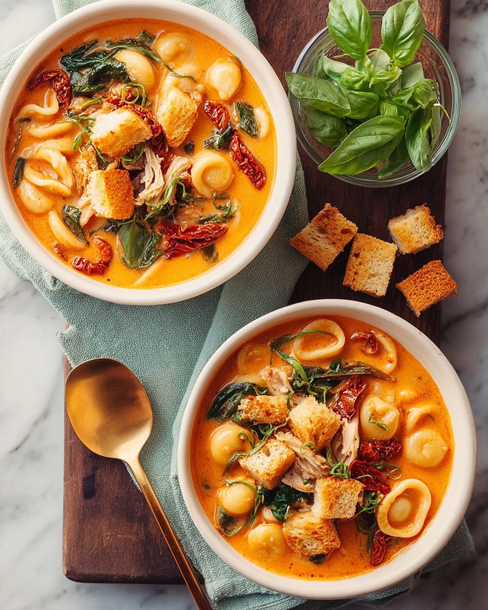 Two white bowls filled with a creamy orange soup base containing round pasta pieces, wilted green leafy herbs, and chunks of white shredded meat. Each bowl is topped with golden brown toasted bread cubes and pieces of dried red tomatoes. One bowl rests on a soft light blue cloth with a gold spoon beside it, while the other bowl is placed directly on a dark wooden board. A small bunch of fresh green basil leaves in a clear glass is set next to the bowls on a white marbled surface. Extra toasted bread cubes are scattered around. Photo taken with an iphone --ar 4:5 --v 7