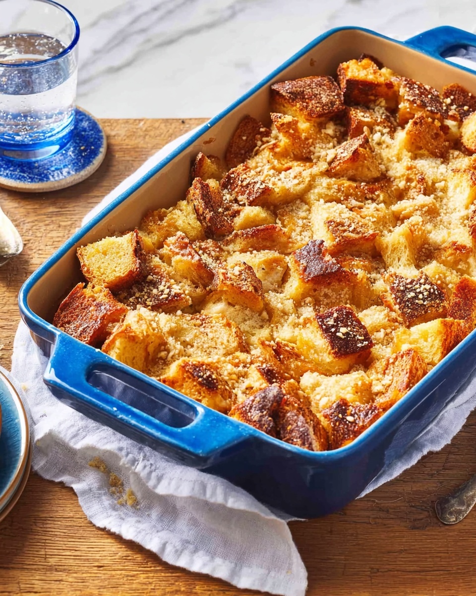 A blue rectangular baking dish filled with a golden brown bread pudding that has a crispy top layer of bread pieces and a slightly softer layer beneath. The bread chunks are unevenly sized with some darker toasted edges and a sprinkling of light-colored crumbs on top. The baking dish is on a wooden table with a white cloth partially under the dish and a clear glass of water with a blue coaster nearby, all set against a white marbled surface. photo taken with an iphone --ar 4:5 --v 7