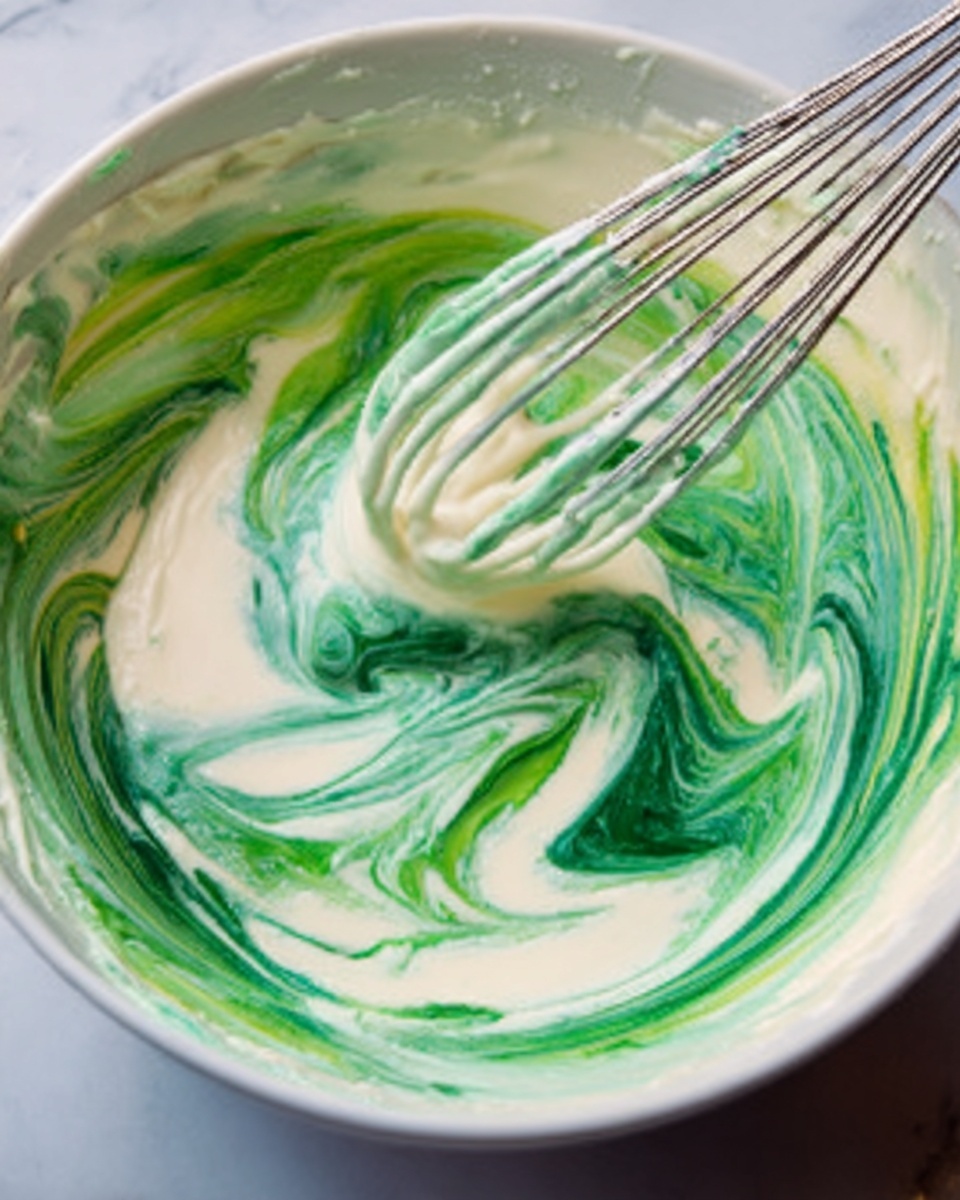 A close-up view of a white bowl sitting on a white marbled surface filled with a creamy white mixture being stirred with a whisk. Bright green swirls of color are mixed into the creamy base, creating a marbled effect with smooth, flowing textures. The whisk is partially covered with the green and white mixture, showing the motion of mixing. Photo taken with an iphone --ar 4:5 --v 7