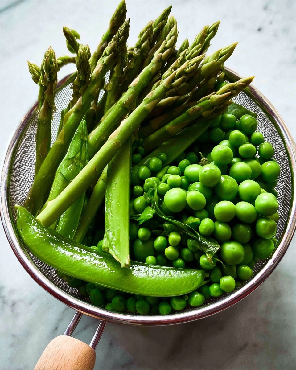 A silver metal strainer filled with bright green vegetables is shown from a close angle. The strainer holds several long, smooth asparagus stalks with pointed tips standing upright on one side. Mixed among them are many small, round peas and some flat pea pods with a shiny surface. The handle of the strainer is visible at the bottom left, made of light wood. The background is a white marbled surface. The image captures the fresh, vibrant green colors and natural textures of the vegetables. photo taken with an iphone --ar 4:5 --v 7