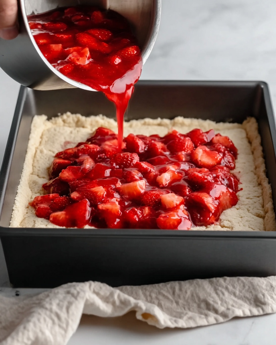 A square black baking pan holds a rough, light beige dough layer pressed flat at the bottom. On top of the dough, a bright red, chunky strawberry mixture is being poured from a steel pot held by a woman's hand. The strawberry mixture has a shiny syrup with large pieces of soft fruit, contrasting the matte and crumbly texture of the dough beneath. The background is a white marbled surface with a light beige cloth partially visible near the pan. photo taken with an iphone --ar 4:5 --v 7