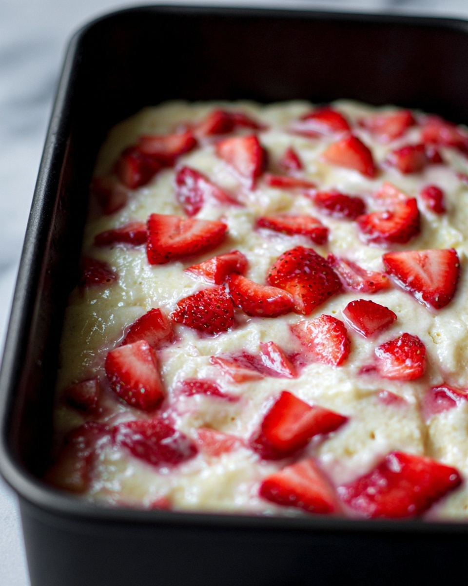 The image shows a close-up of a rectangular black baking pan filled with a soft, creamy white mixture layered with fresh sliced strawberries scattered unevenly on top. The strawberries are bright red with a juicy, slightly shiny texture, contrasting with the smooth, pale creamy base beneath. The focus is on the front corner of the pan, revealing the thick, almost fluffy texture of the mixture with strawberry pieces pressed into it, giving the dish a fresh and inviting look. The baking pan rests on a white marbled surface. photo taken with an iphone --ar 4:5 --v 7