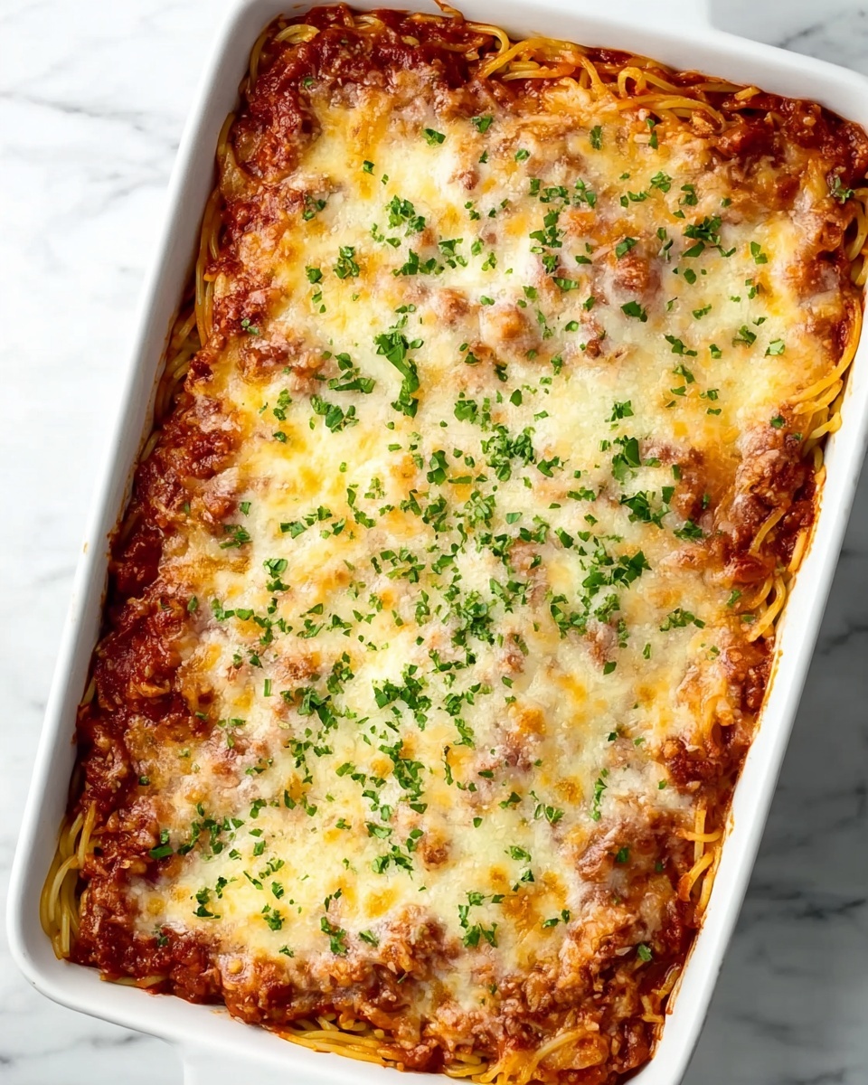 A white rectangular ceramic dish filled with a layered baked spaghetti casserole. The top layer is melted, golden-brown cheese sprinkled evenly with chopped green herbs. Below this is a rich red tomato sauce mixed with meat, barely visible at the edges. The base layer is spaghetti noodles peeking out slightly on the sides, showing a light yellow color. The dish rests on a white marbled surface. photo taken with an iphone --ar 4:5 --v 7