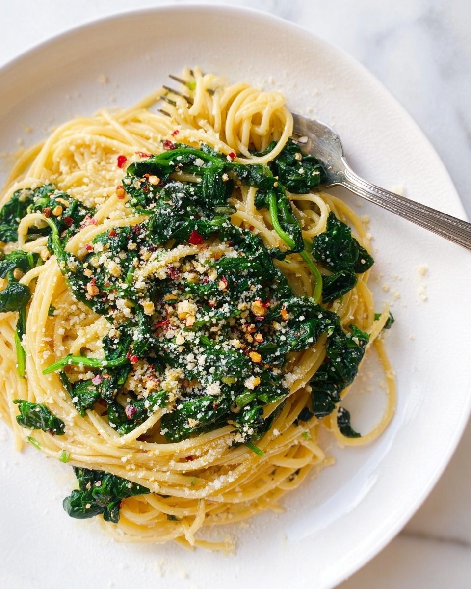 A white plate sits on a white marbled surface with a serving of spaghetti pasta layered at the base, showing a soft yellow color and smooth texture. On top, there is a generous layer of vibrant dark green spinach leaves scattered evenly throughout the pasta. The dish is sprinkled lightly with finely grated pale yellow cheese and small red chili flakes, adding a touch of texture and color contrast. To the side of the plate, a silver fork rests partially in contact with the pasta, ready for eating. photo taken with an iphone --ar 4:5 --v 7