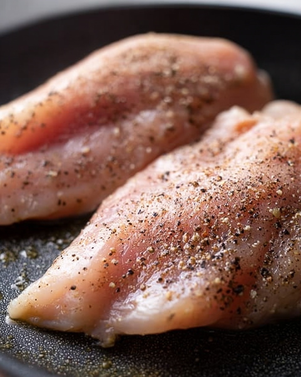 The image shows two raw pieces of chicken with light pink color lying next to each other on a dark pan. Each piece is sprinkled evenly with black pepper, creating a speckled black and brown texture on the chicken. The surface of the chicken looks slightly moist and soft, with some fine lines and natural meat texture visible. There is a little bit of oil seen around the edges on the pan, giving a slight shine to the lower part of the chicken. The background is a white marbled texture. Photo taken with an iphone --ar 4:5 --v 7