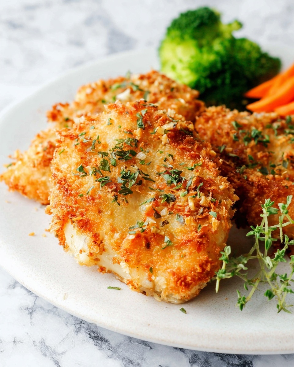 The image shows a close-up of two pieces of golden brown crispy fried food with a rough, crunchy texture on top, sprinkled with small green herbs. The fried pieces rest on a white plate with a small serving of green broccoli and thin orange carrot strips on the side. The plate is placed on a surface with a white marbled texture, creating a clean and bright background. photo taken with an iphone --ar 4:5 --v 7