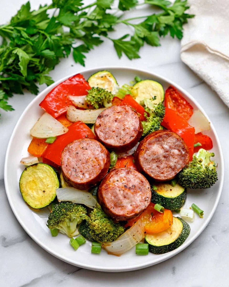 A white plate holds a simple meal with three layers. The bottom layer is a mix of cooked green and yellow zucchini slices and small green broccoli pieces. On top of this vegetable base, there are bright red bell pepper chunks and small rings of white onion. The top layer has three thick slices of browned sausage placed side by side. The plate is set on a white marbled surface, with some fresh green parsley leaves to the side. photo taken with an iphone --ar 4:5 --v 7